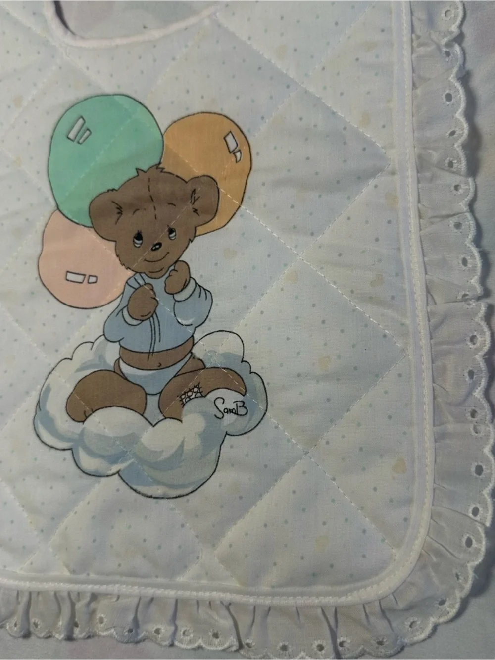Vintage Precious Moments Quilted Baby Bib Teddy Bear Cloud 1980s